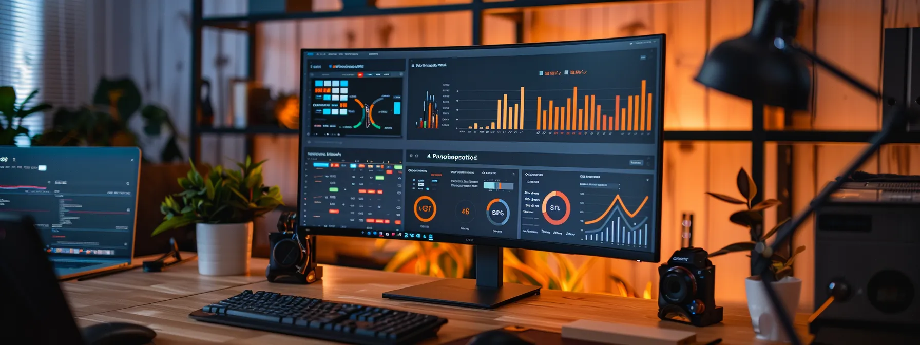 a sleek, minimalistic workspace featuring a vibrant digital dashboard displaying colorful graphs and analytics, accented by automated posting notifications, symbolizing efficient social media management and productivity.