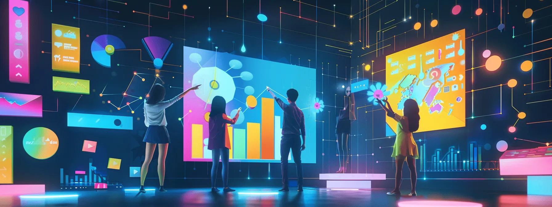 a vibrant, illustrated scene depicting a dynamic team engaging with colorful charts and graphs, surrounded by digital icons representing various social media platforms, symbolizing their innovative strategies and data-driven insights for growth.