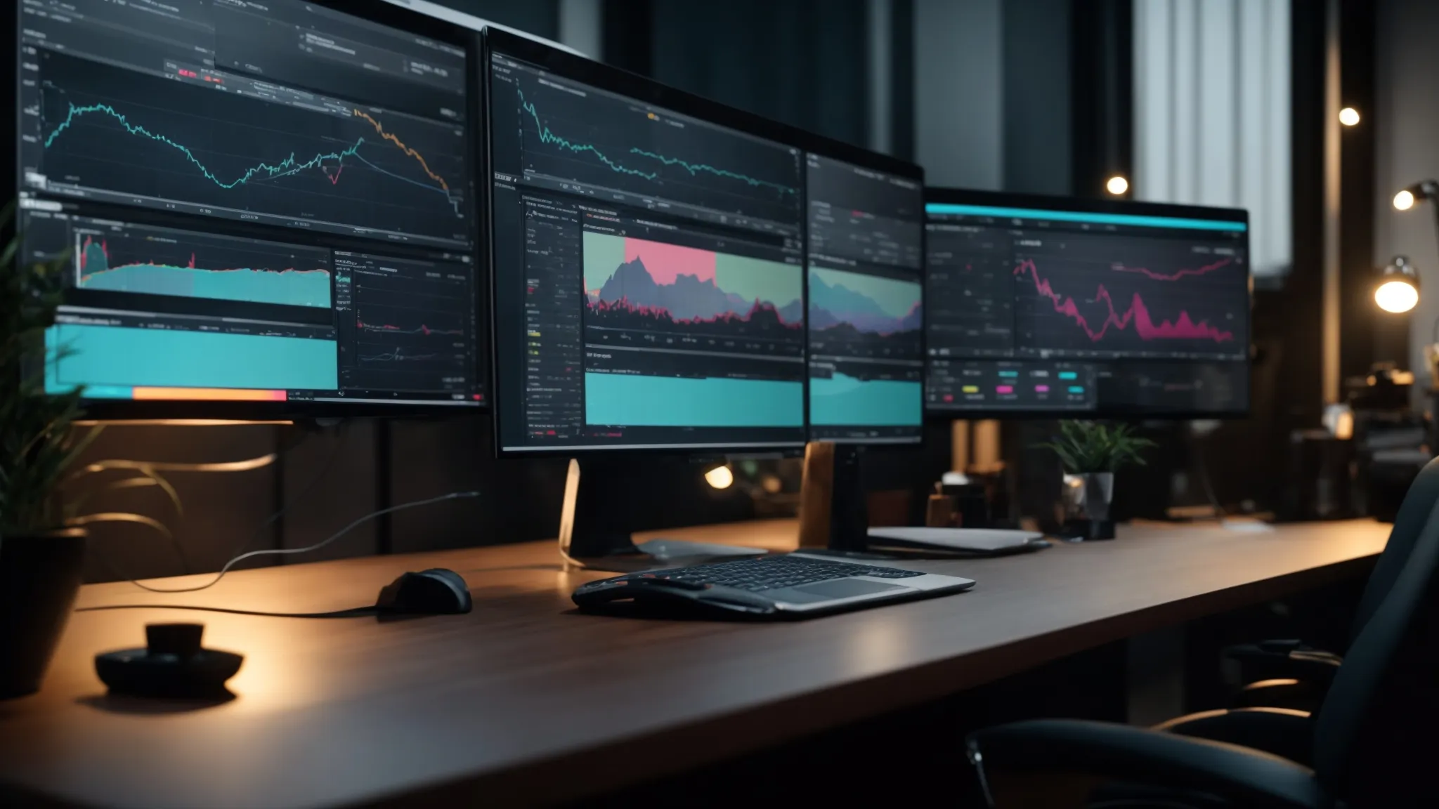a sleek, illustrated workspace features an organized digital dashboard displaying vibrant graphs and icons for social media automation, symbolizing efficiency and strategic engagement.