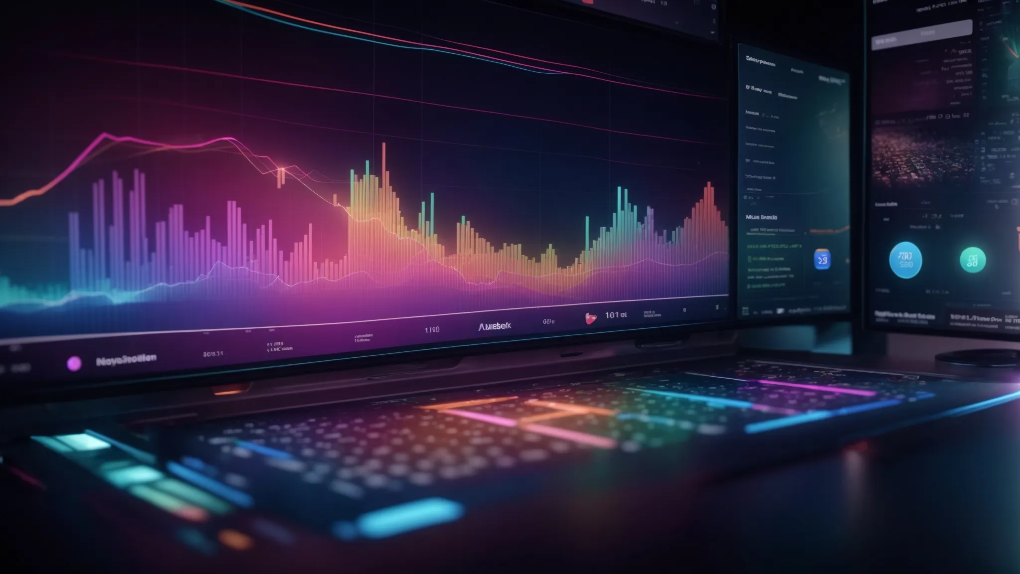 a vibrant, illustrated scene depicting a futuristic ai interface showcasing dynamic graphs and colorful data visualizations, symbolizing the analysis of social media engagement trends and audience sentiment.